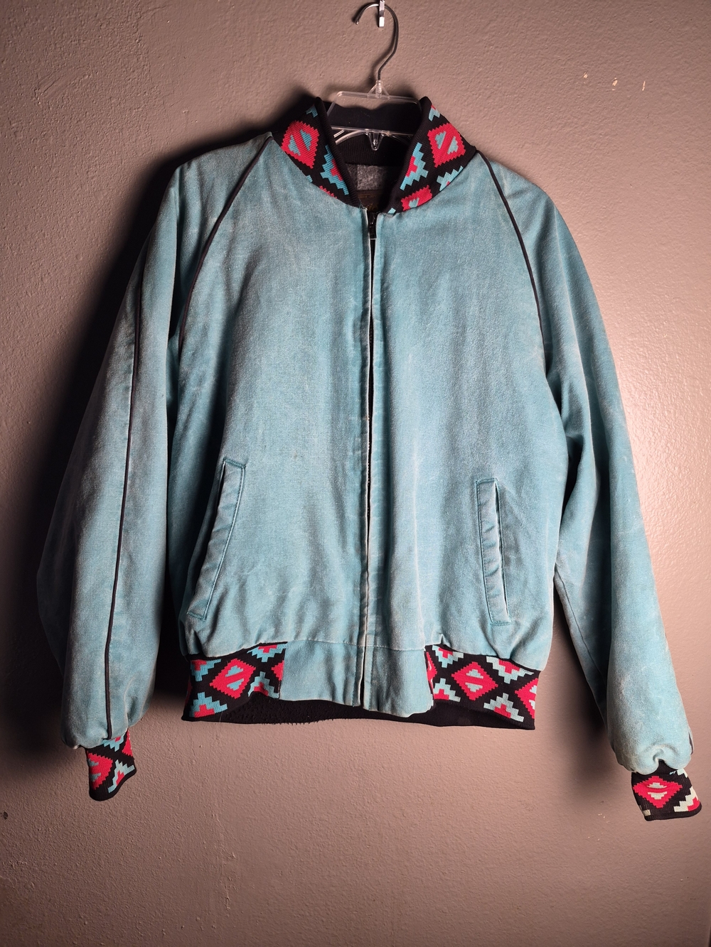 Vintage David James Turquoise  Jacket with Aztec Trim, Pockets And Wool Lining